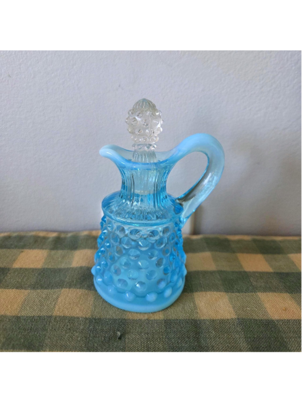 Vintage Blue Hobnail Glass Cruet Decanter | Fenton Opalescent Pitcher Bottle